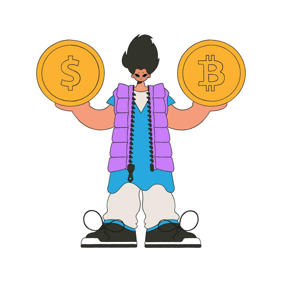 Man holding dollar and bitcoin. Character Trendy retro style. vector