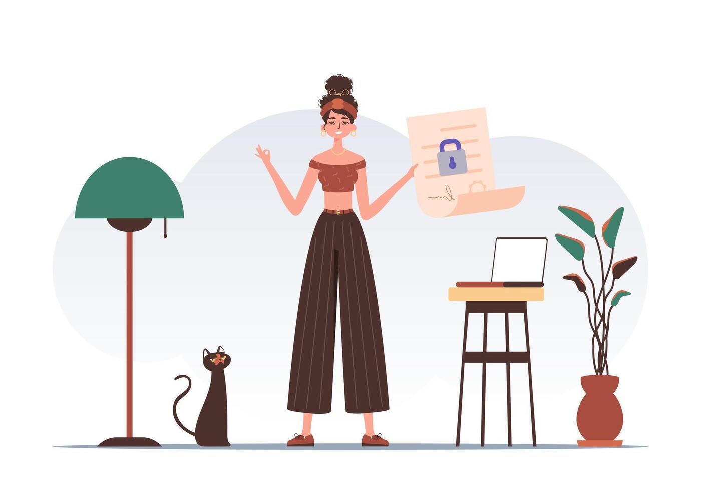 Data protection concept. Smart contract. The woman is holding a document. Modern trendy style. vector