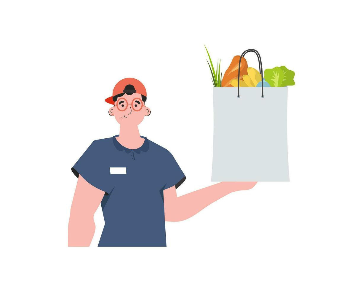 un hombre entrega un paquete de productos hogar productos comida entrega. aislado. dibujos animados estilo. vector. vector
