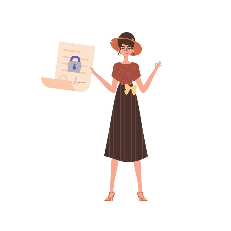The woman is holding a document. Data protection concept. Smart contract. Trend style character. vector