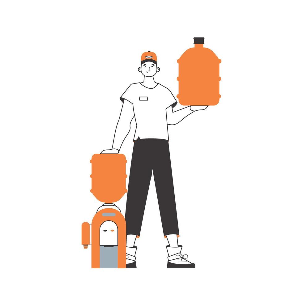 Water delivery concept. A man with a large bottle of water in his hands. Linear trendy style. vector