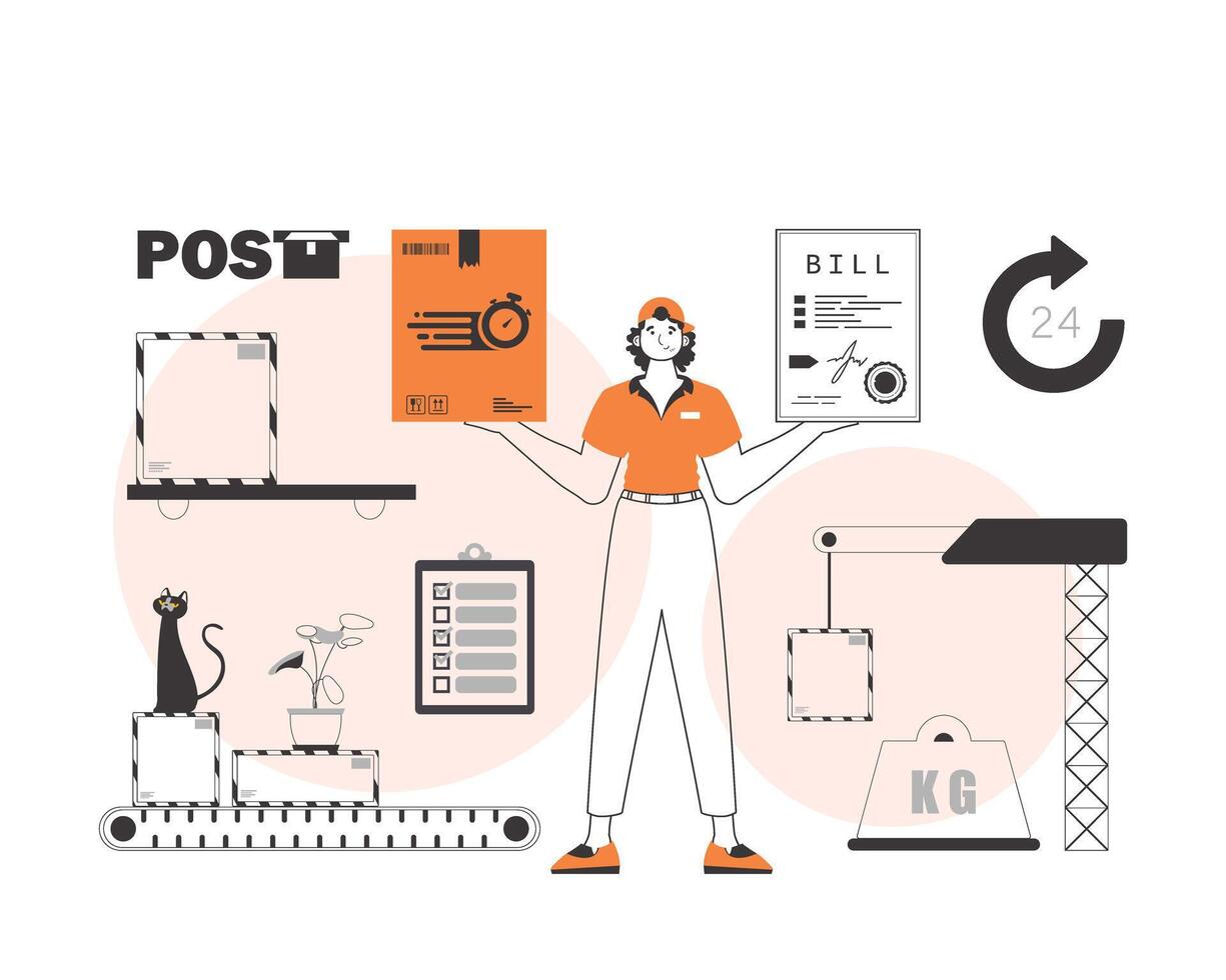 A man holds a parcel and a check in his hands. The concept of the delivery of goods and parcels. Linear trendy style. vector