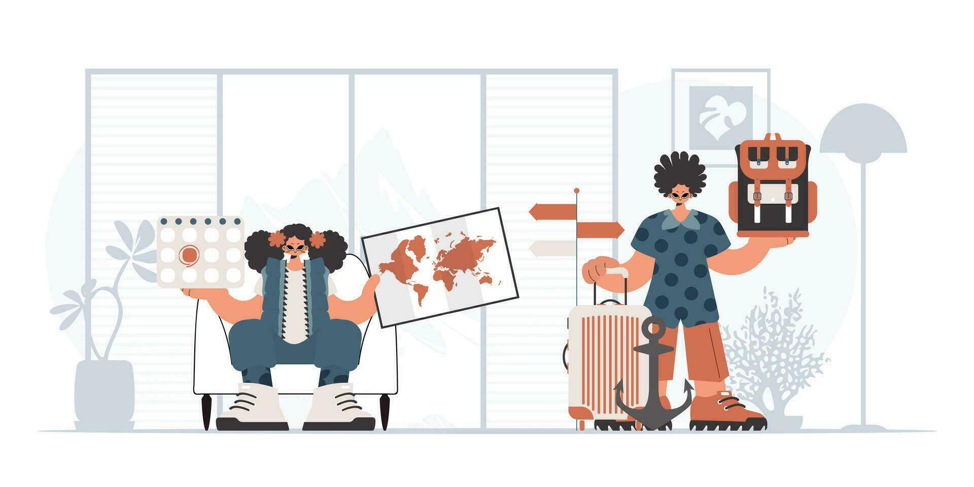 The individual and the youthful woman are going on a trip. The concept of rest and travel. Trendy style, Vector Illustration