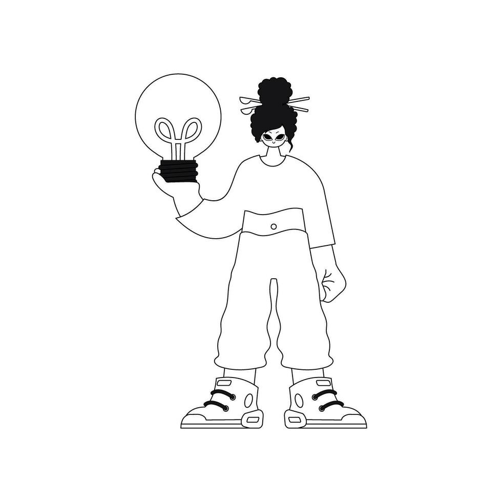 Girl has light bulb. symbolizes ideas. Simple linear design. vector illustration.