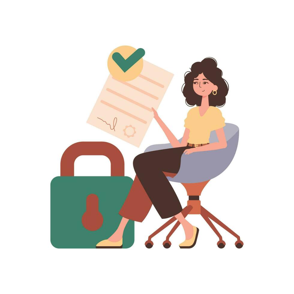 A woman sits in a chair and holds a document in her hands. Data protection. Smart contract. Trend style character. vector