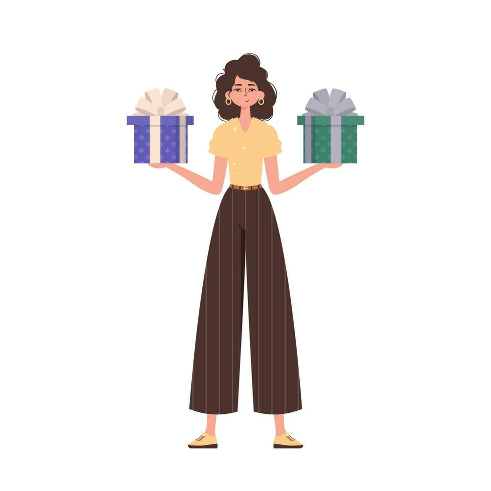 The girl holds a festive gift box in her hands. Modern character style. vector