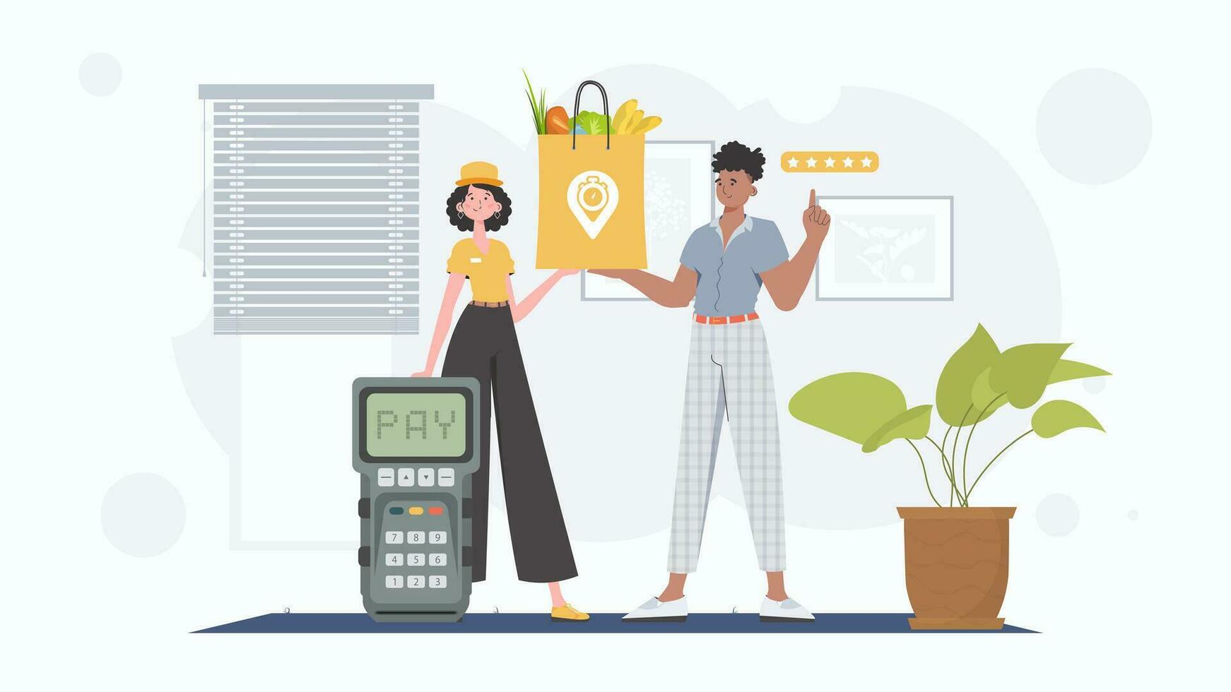 Home delivery concept. Woman courier holds a package with groceries. trendy style. Vector. vector