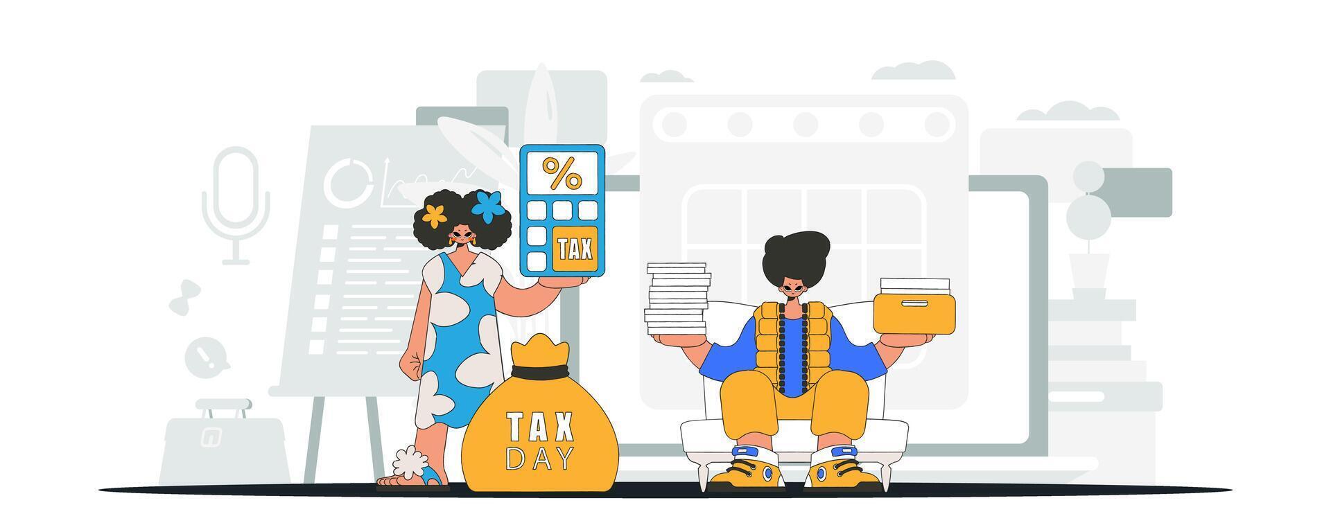 Graceful girl and guy demonstrate paying taxes. An illustration demonstrating the correct payment of taxes. vector