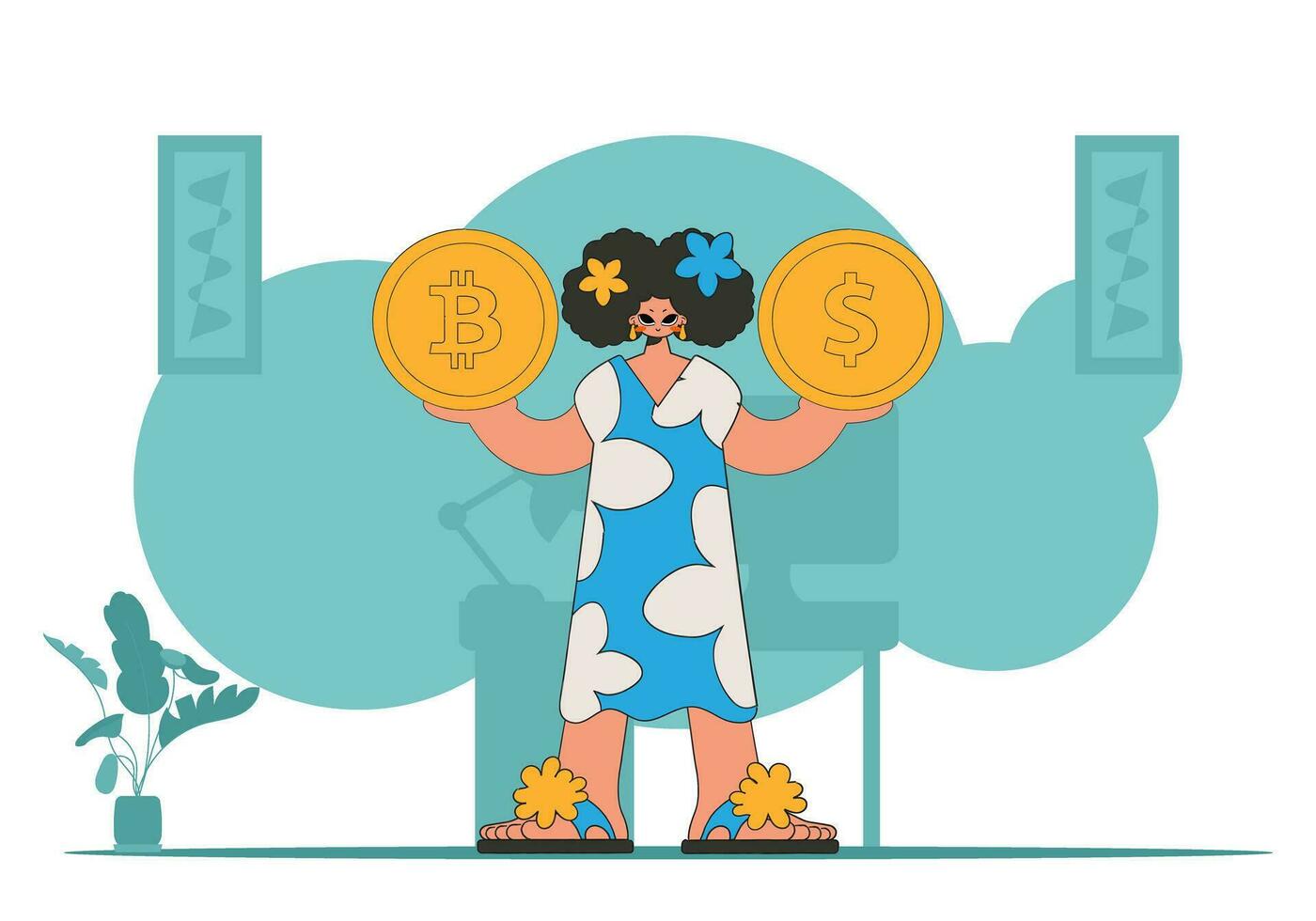 Girl holding dollar and bitcoin. Cryptocurrency theme. vector