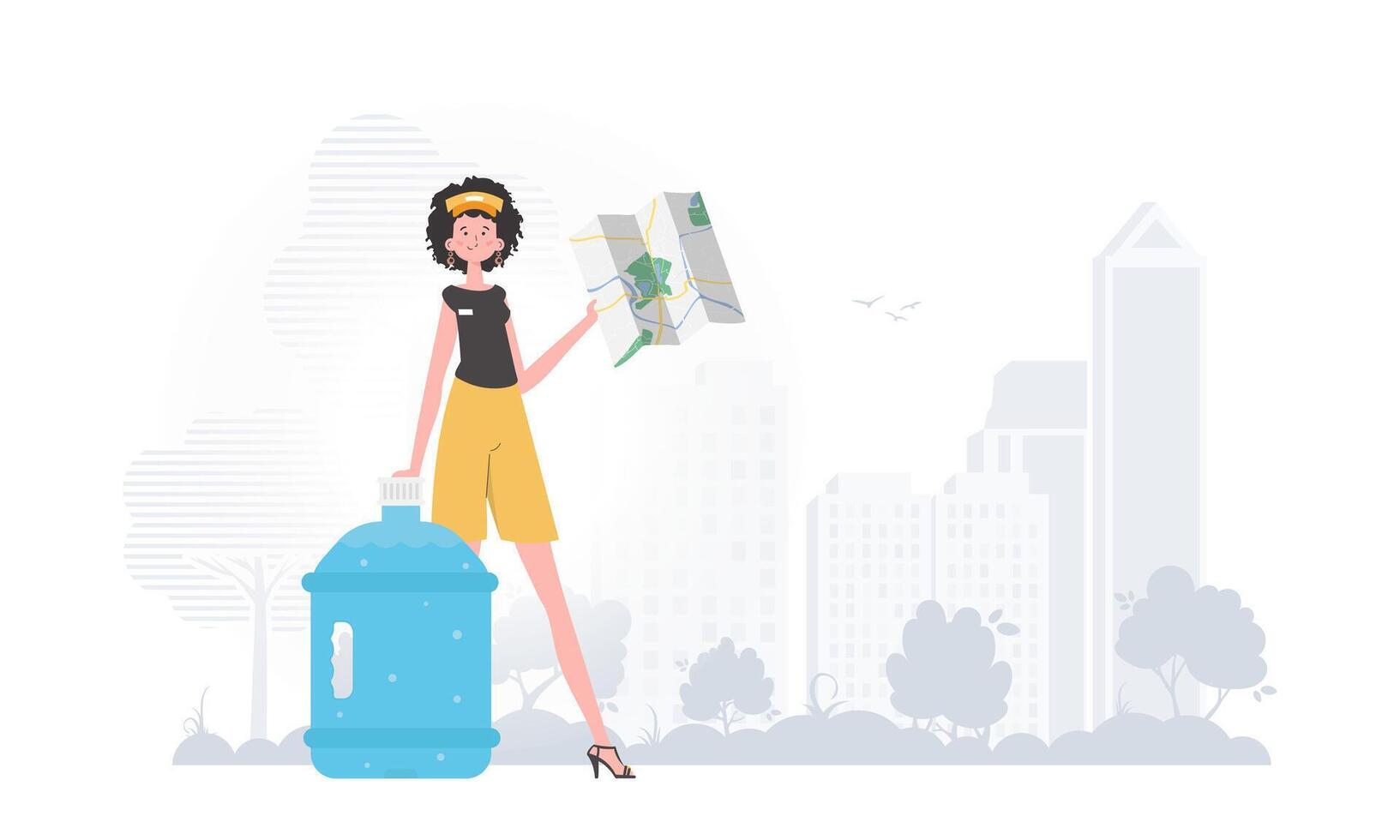 Water delivery concept. The girl is holding a map. The character is depicted in full growth. Vector illustration.