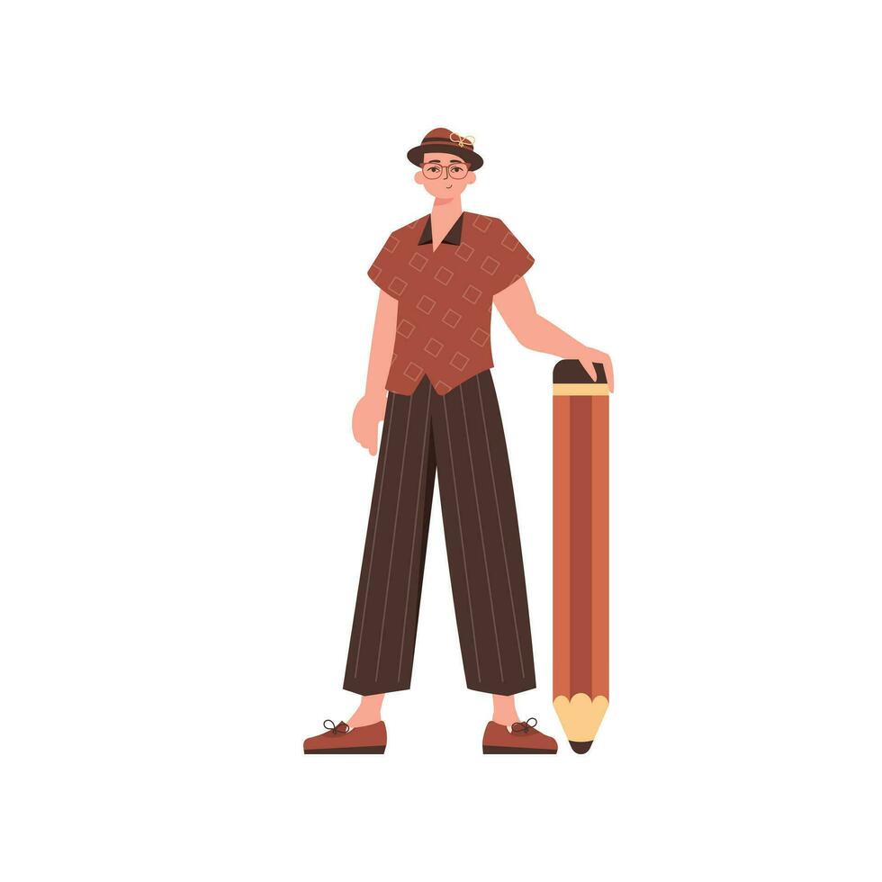 The guy is holding a big pencil. Modern style character. vector