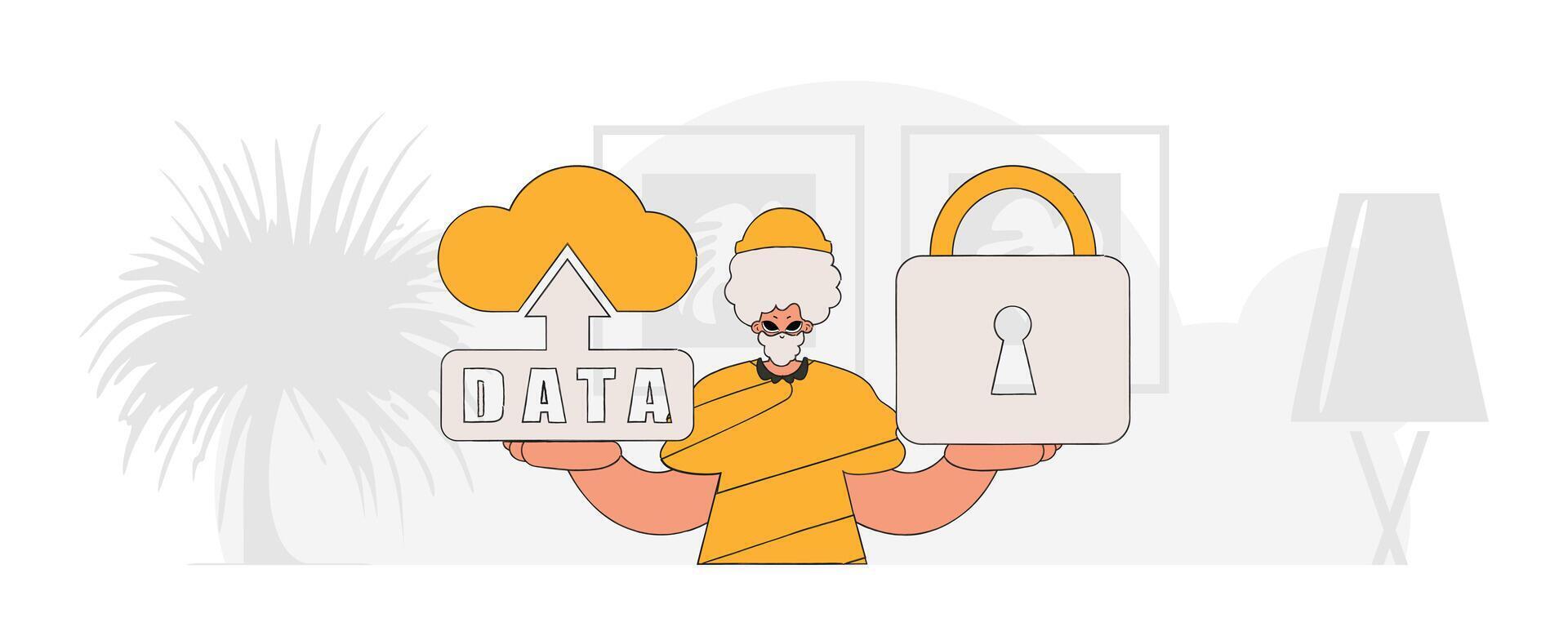 modern style character cloud storage and padlock. vector