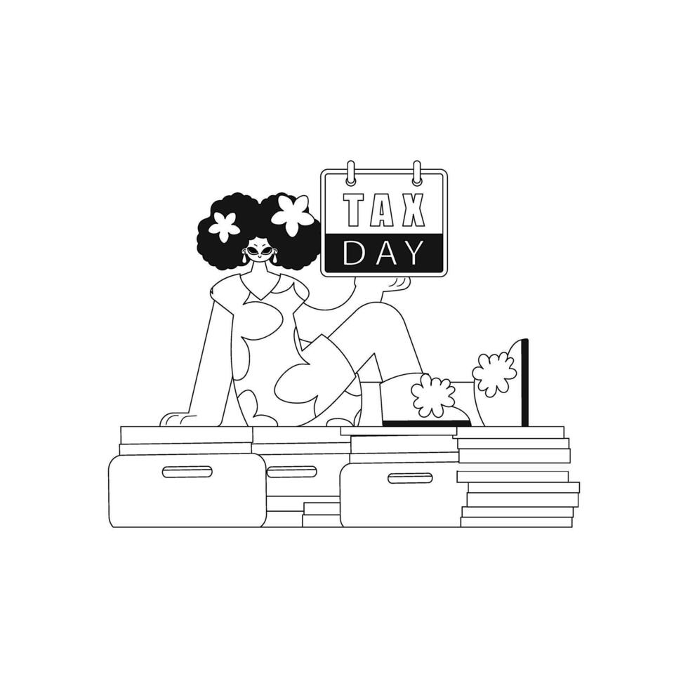 Girl sits on a stack of papers, holding a calendar. Deadline looming. Illustration in vector format.