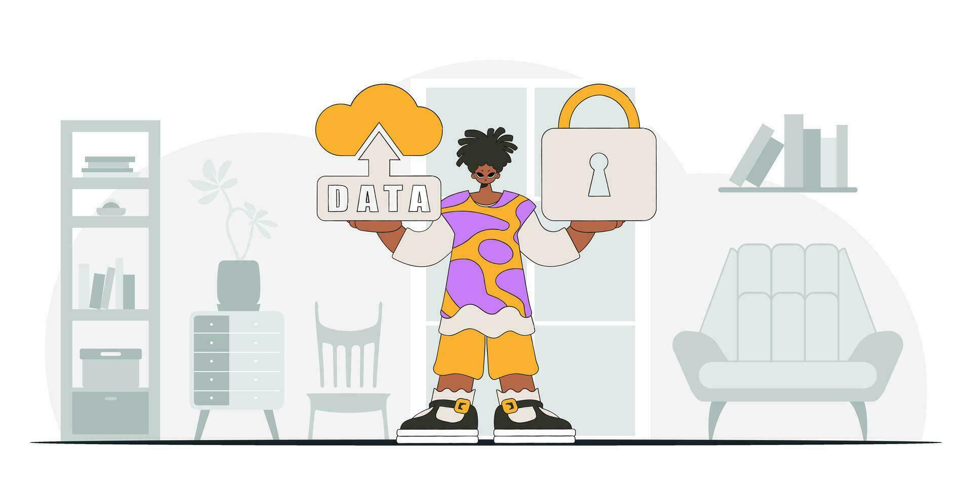 Man with cloud storage and secure lock, modern vector character style.