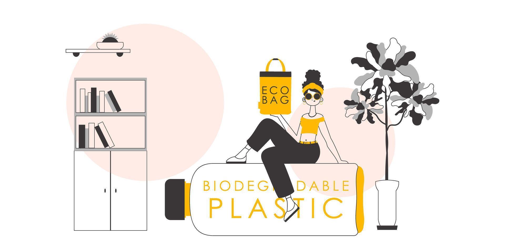 The concept of ecological bags and plastic. The girl is holding an eco-package in her hands. Lineart trendy style. vector