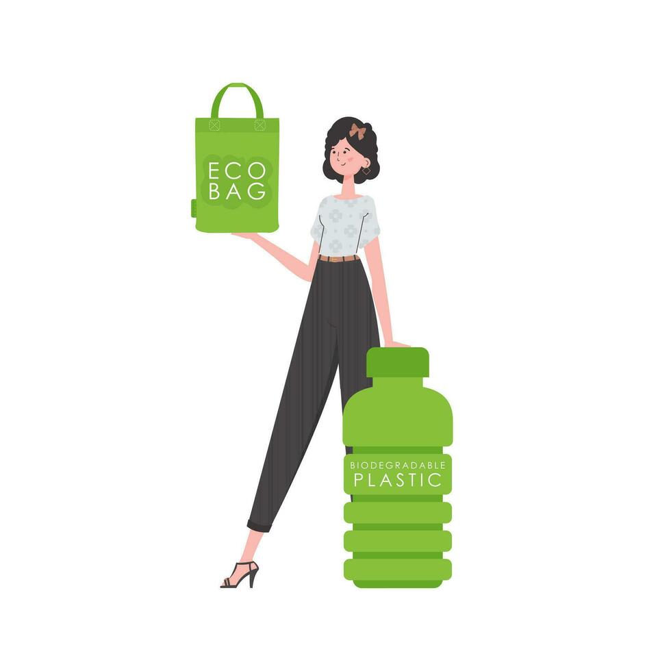 un mujer sostiene un eco bolso en su manos. eco simpático concepto. aislado en blanco antecedentes. tendencia estilo.vector ilustración. vector