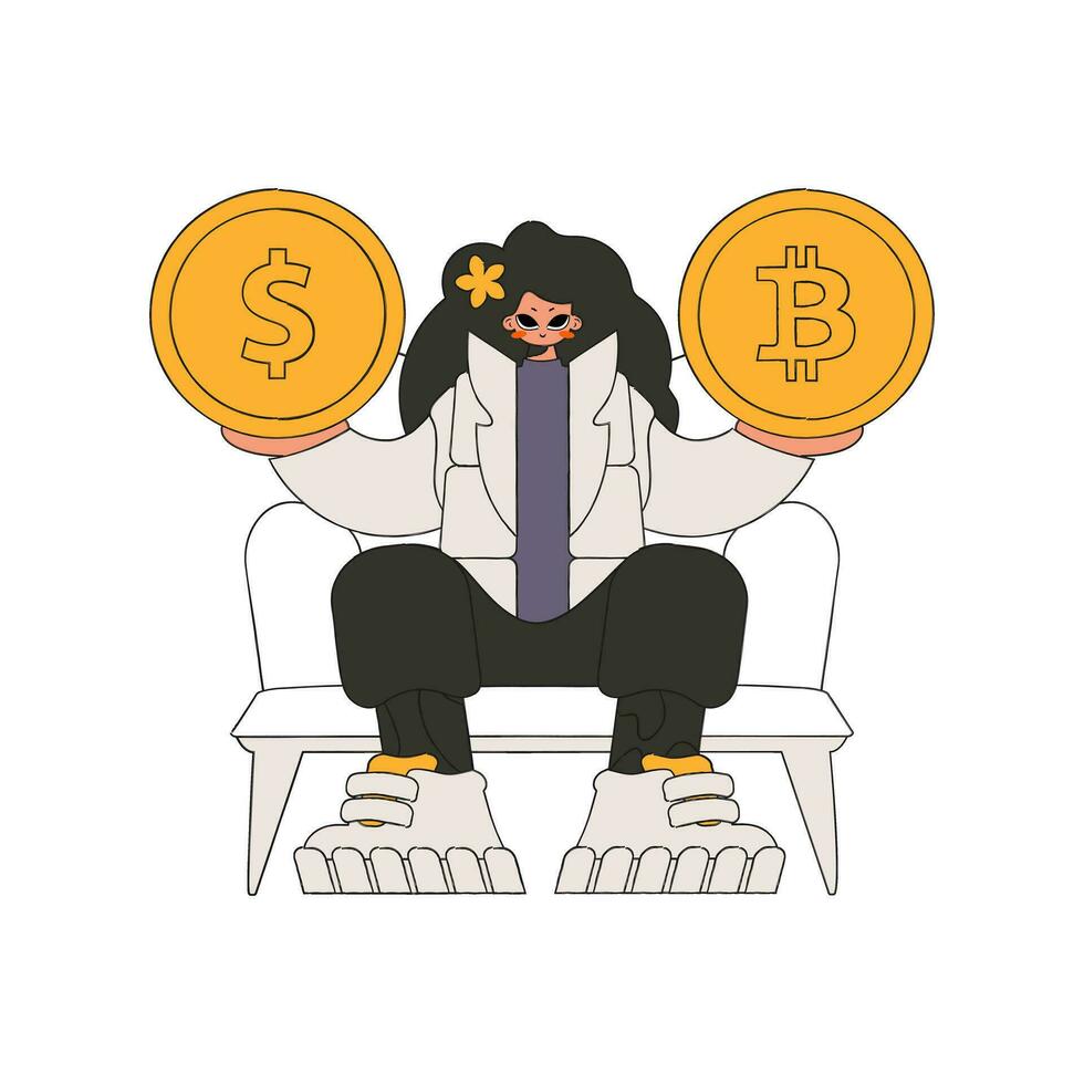A woman holds a dollar and bitcoin coin in her hands. Character trendy style. vector