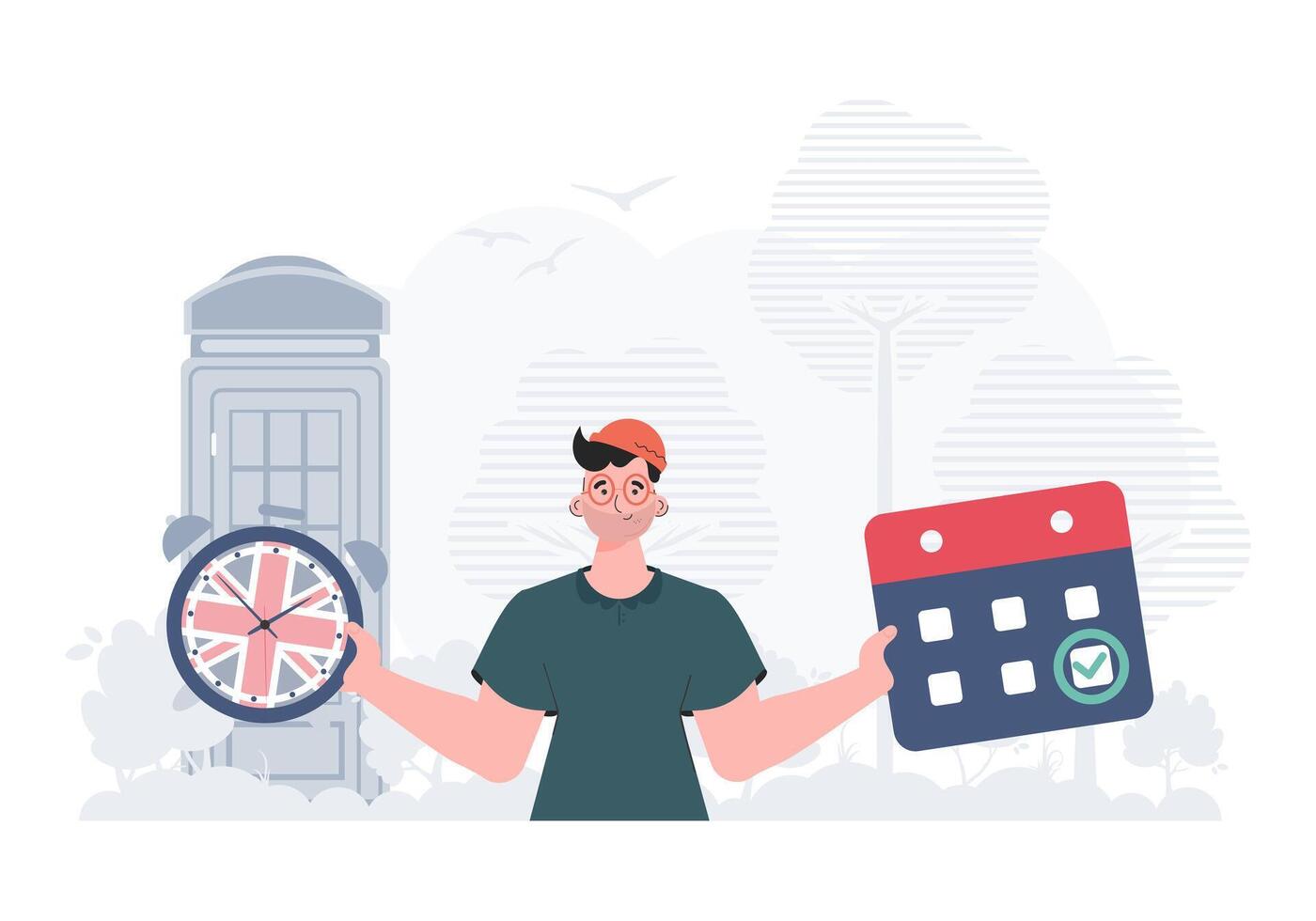 The concept of learning English. Male teacher shows that it's time to learn English. Trendy cartoon style. Illustration in . vector