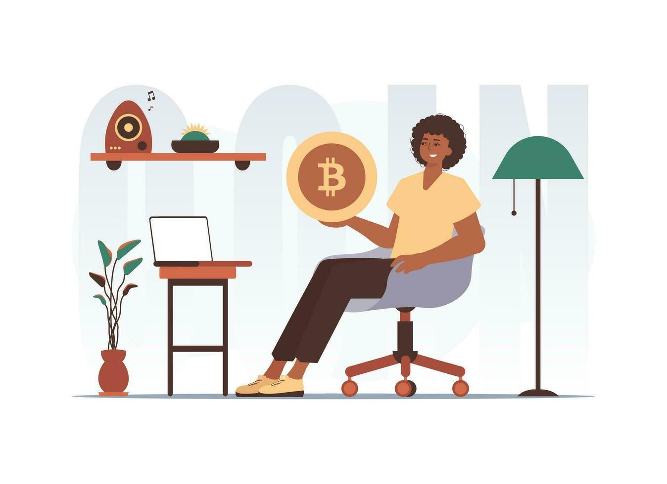 The concept of mining and extraction of bitcoin. The guy sits in a chair and holds a bitcoin coin in his hands. Character in trendy style. vector