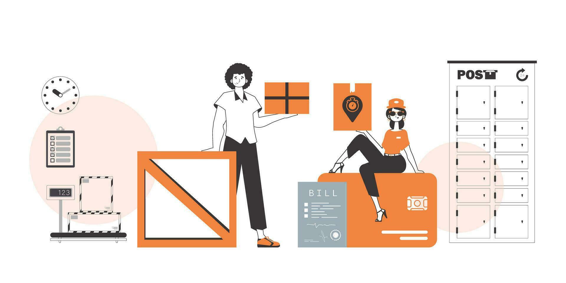 Girl and guy delivers parcels. Linear style. vector
