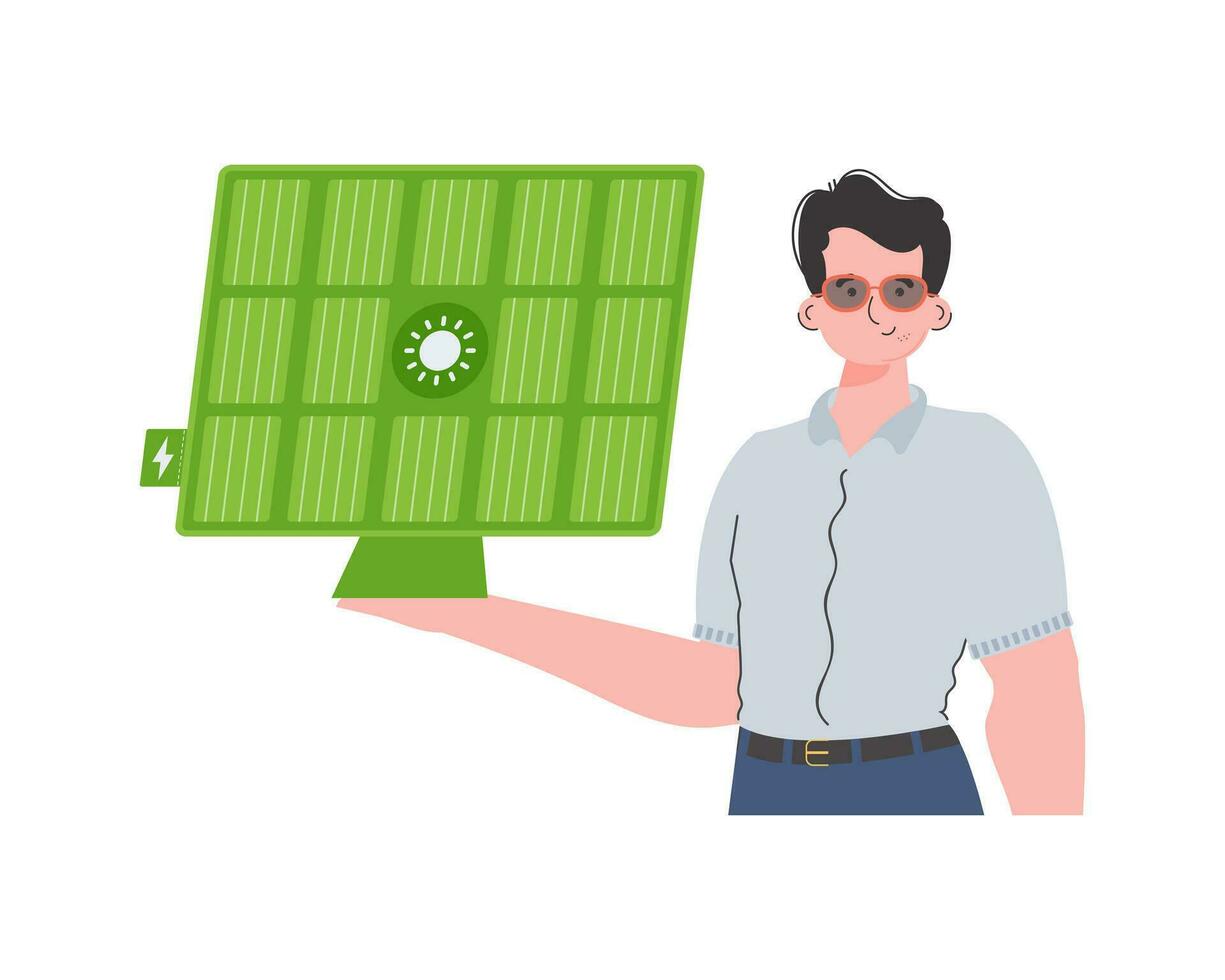 The guy is holding a solar panel in his hand. Eco energy concept. Isolated. Vector. trendy style. vector