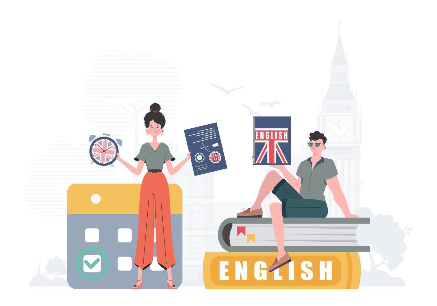 el concepto de aprendizaje inglés. mujer y hombre Inglés maestros de moda dibujos animados estilo. vector. vector