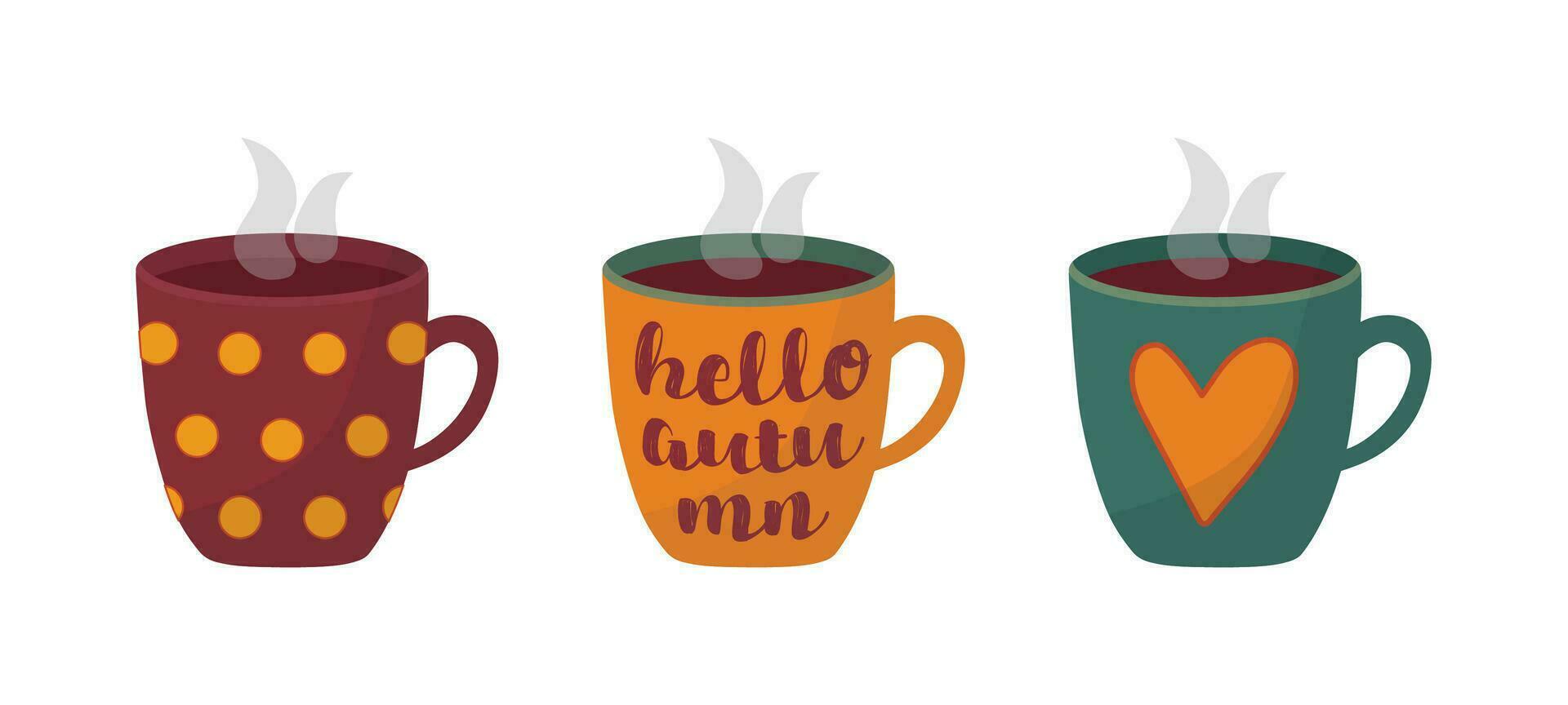 Set of Cups of Coffee or Mugs of Tea in Autumn colors, hot drink icons for menu of coffee shop or cafe. Vector illustration for Cozy atmosphere, cartoon flat design, isolated on white background