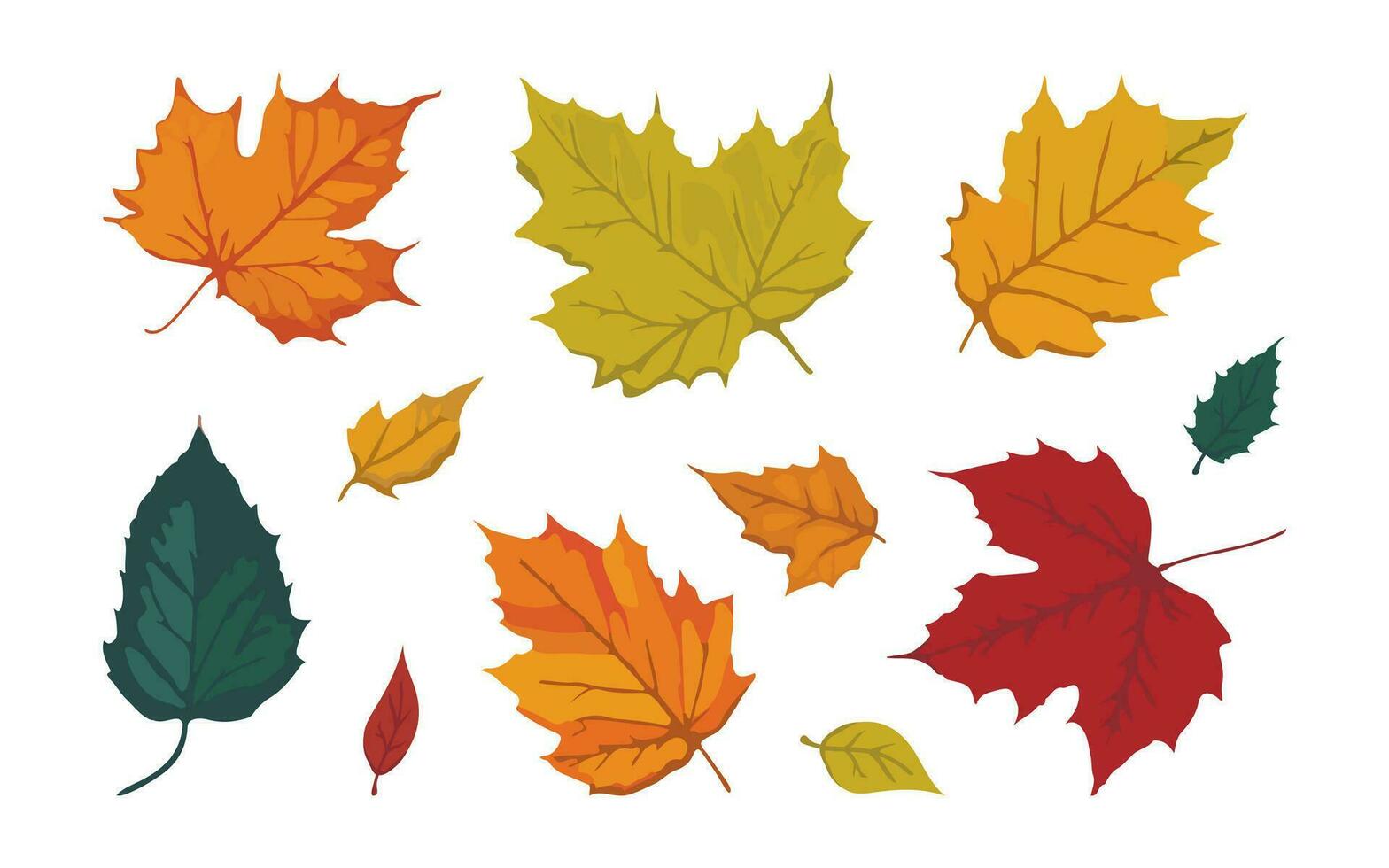A vibrant colorful set of fallen maple leaves, flat design cartoon style, collection of objects on white background. Vector illustration