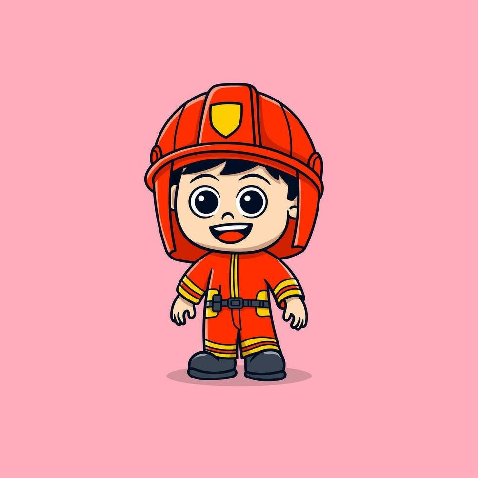 cute man firefighter with water hose cartoon vector