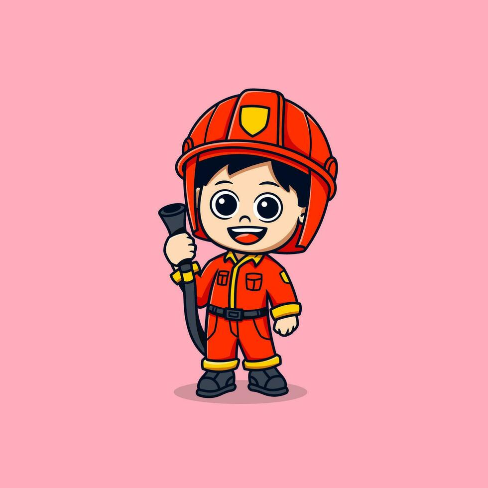 linda hombre vestido como un bombero con un agua manguera vector