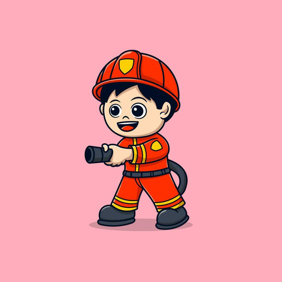 cute man firefighter preparing to extinguish the fire with a water hose vector