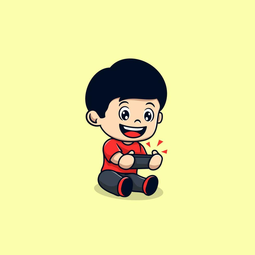 cute boy playing mobile gaming cartoon vector