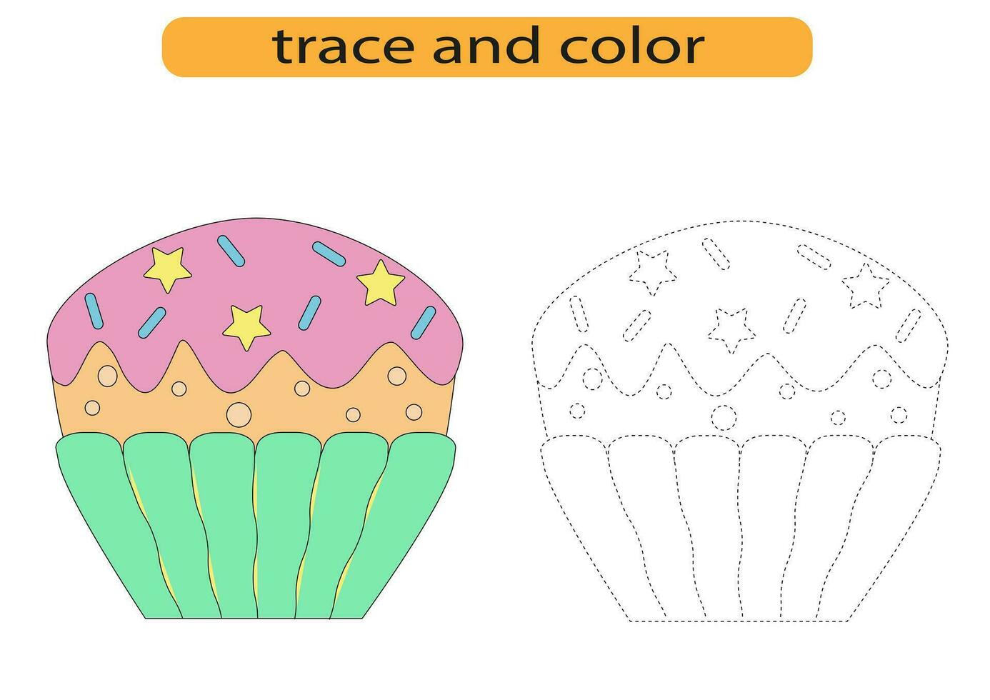 Tracing lines for children development, bright muffin cupcake cake, handwriting practice for children, vector