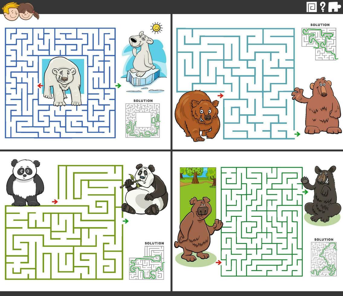 maze activities set with cartoon bears animal characters vector