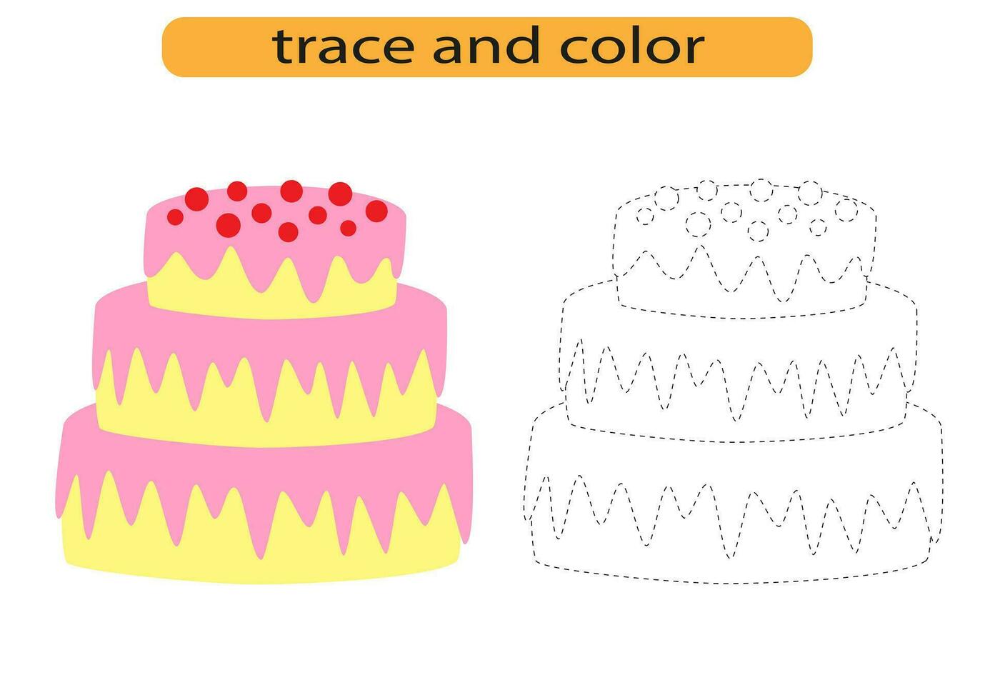 Tracing lines for children development, bright cake pie, handwriting practice for children, vector