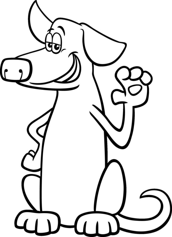 dibujos animados sentado perro personaje ondulación su pata colorante página vector