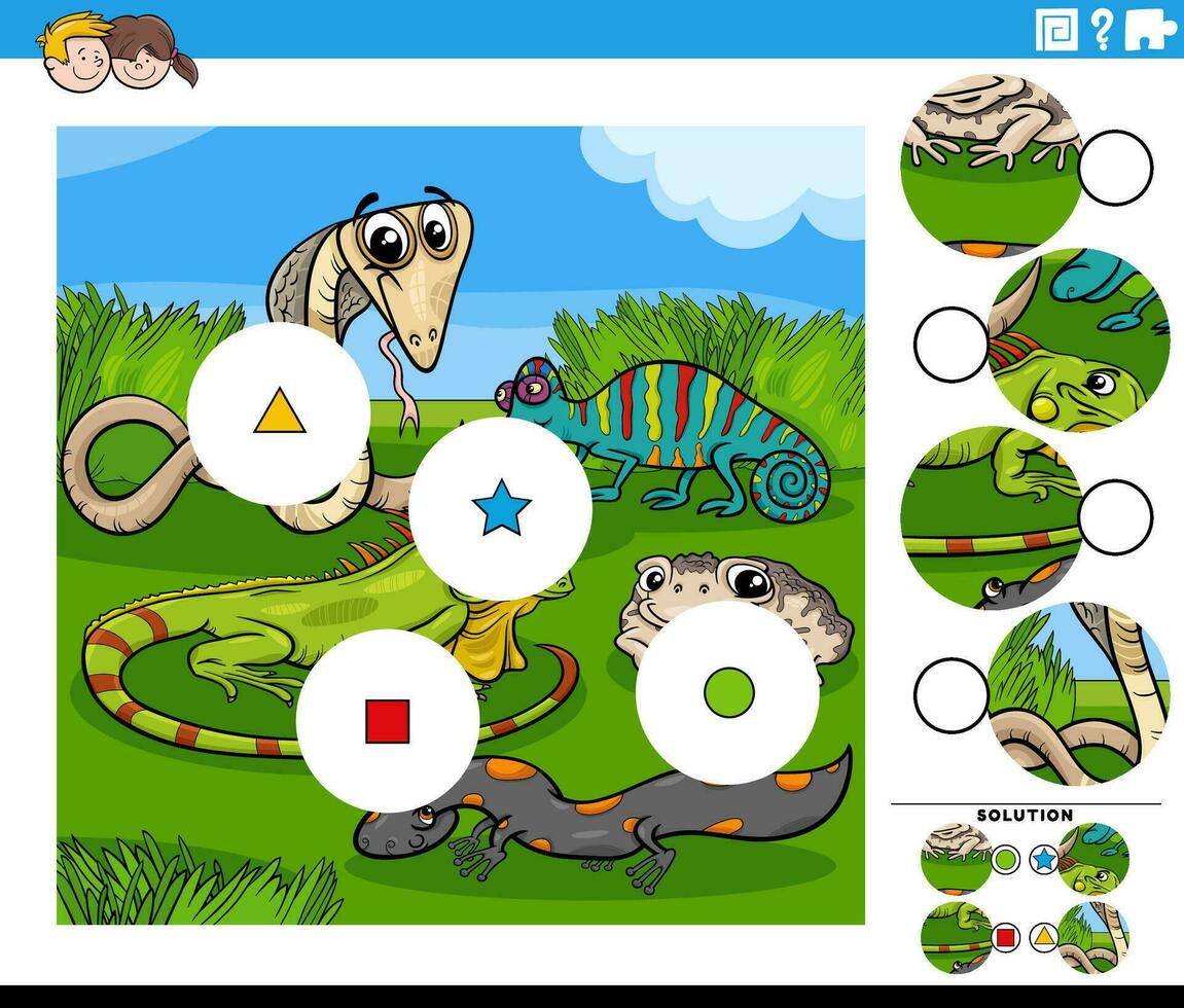 partido piezas juego con dibujos animados reptiles y anfibios animales vector