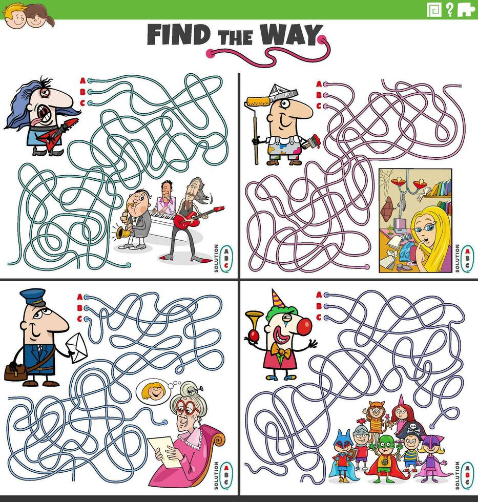 find the way maze games set with people and their occupations vector