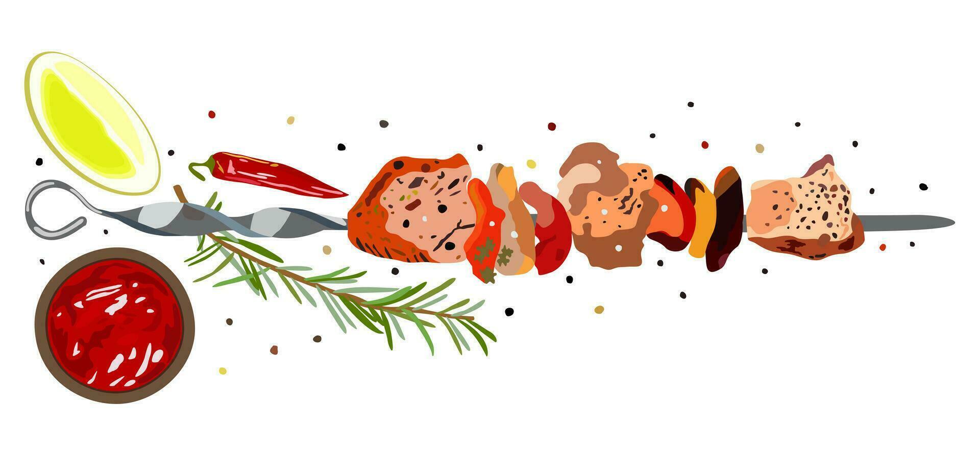Meat kebab on a skewer with vegetables, lemon, rosemary, pepper and ketchup vector