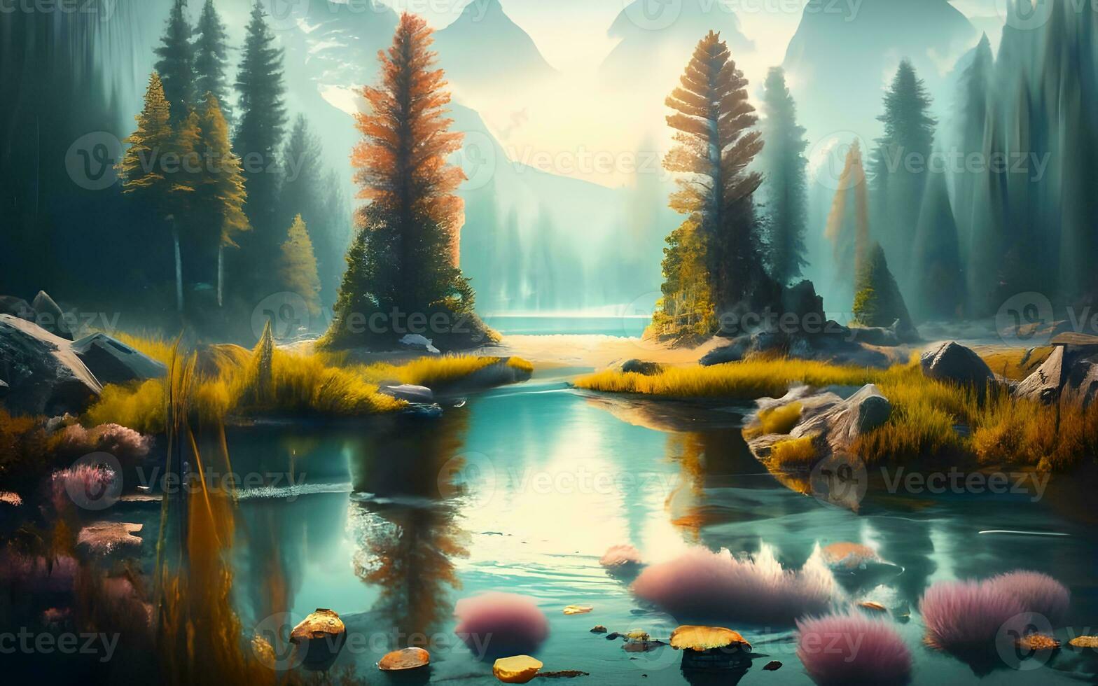 Ethereal Beauty Unveiled, Mystical Tranquility at a Misty Forest Pond. AI Generated photo
