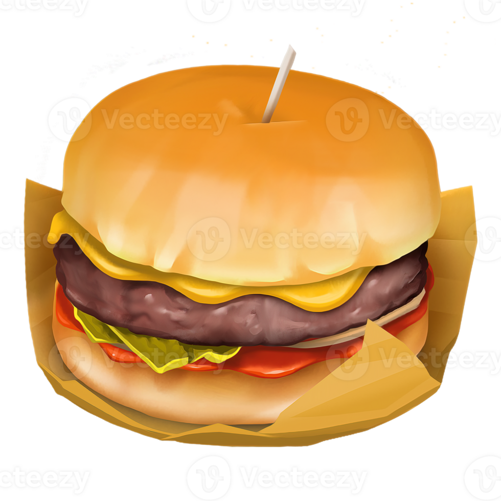 AI Generated Burger with beef, craft burger, cheese, vegetables and tomato, oil paint style, digital paint png