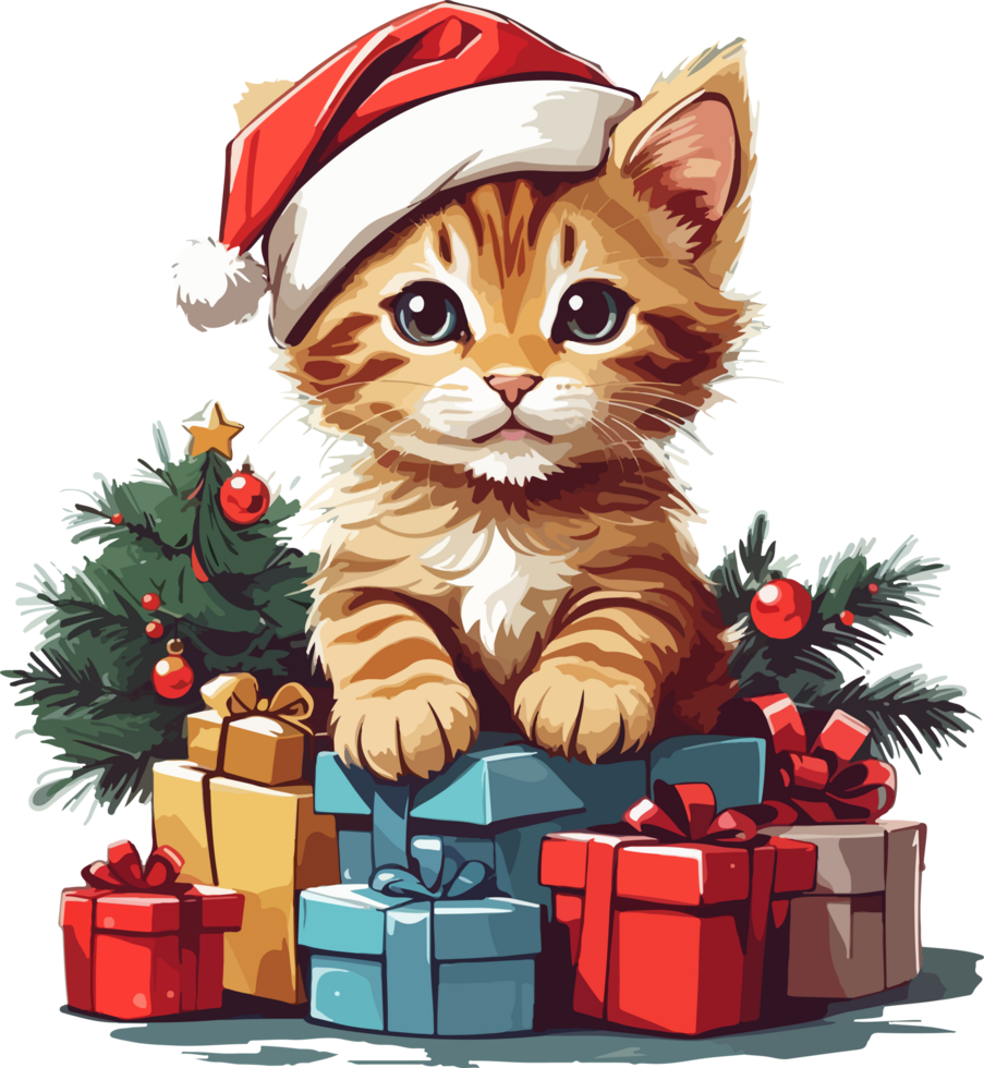 Kitten wear Santa Hat with Christmas Decoration Illustration AI Generative png