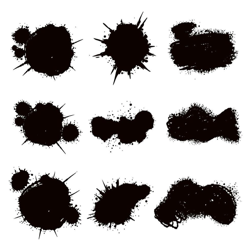 Black splash collection. Ink stain. Spray paint the shape with stain. Set of spray paint elements. black ink splash lines and drops. Paint brush, stroke vector set. Spray paint the shape with stain.