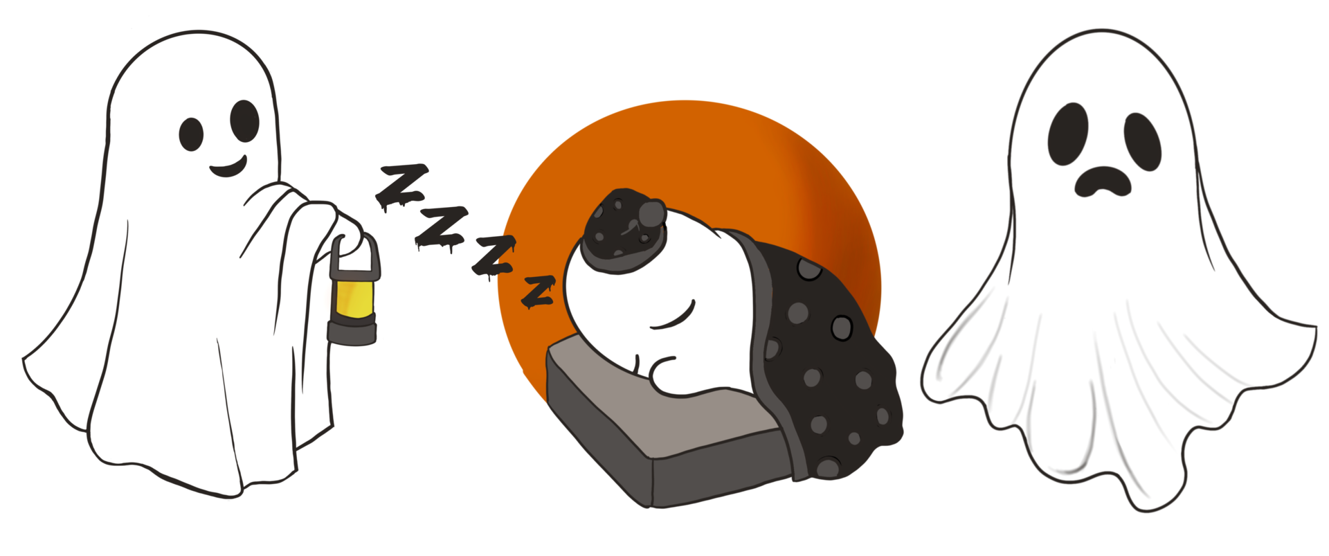 A set of three Cute ghost sheet with 3 characters and feeling. Digital hand draw and paint, cartoon image, isolate image. png