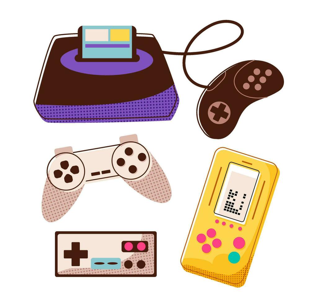 Gamepad, console set in the style of the 90s. Old-fashioned gaming joysticks. Flat vector illustration.