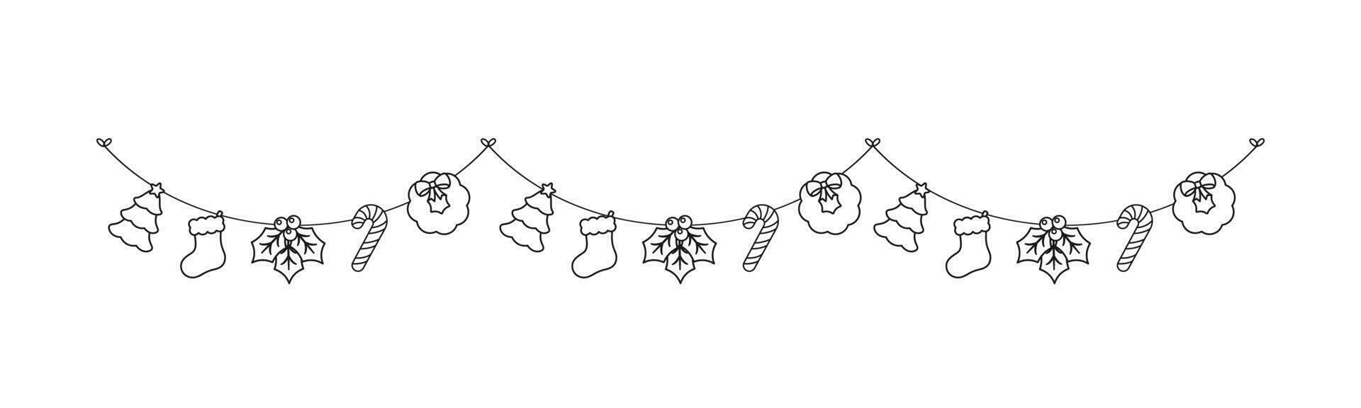 Christmas Garland Outline Doodle Vector Illustration, Christmas Coloring Book Page Line Art Graphics for Kids, Festive Winter Holiday Season Bunting