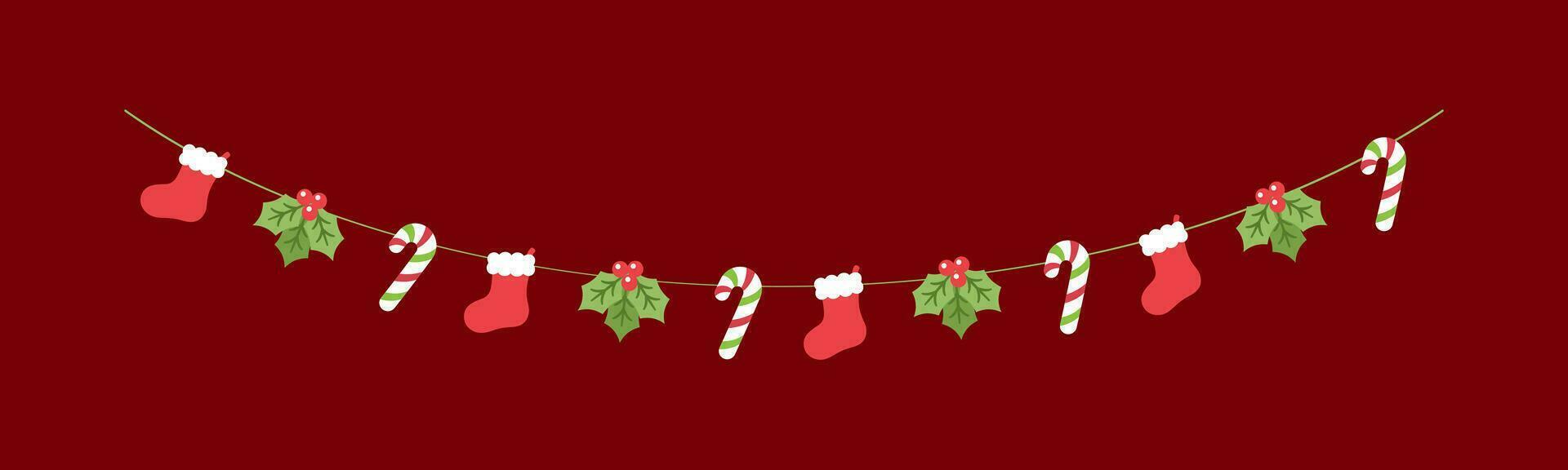 Christmas Garland Vector Illustration, Xmas Graphics Festive Winter Holiday Season Bunting