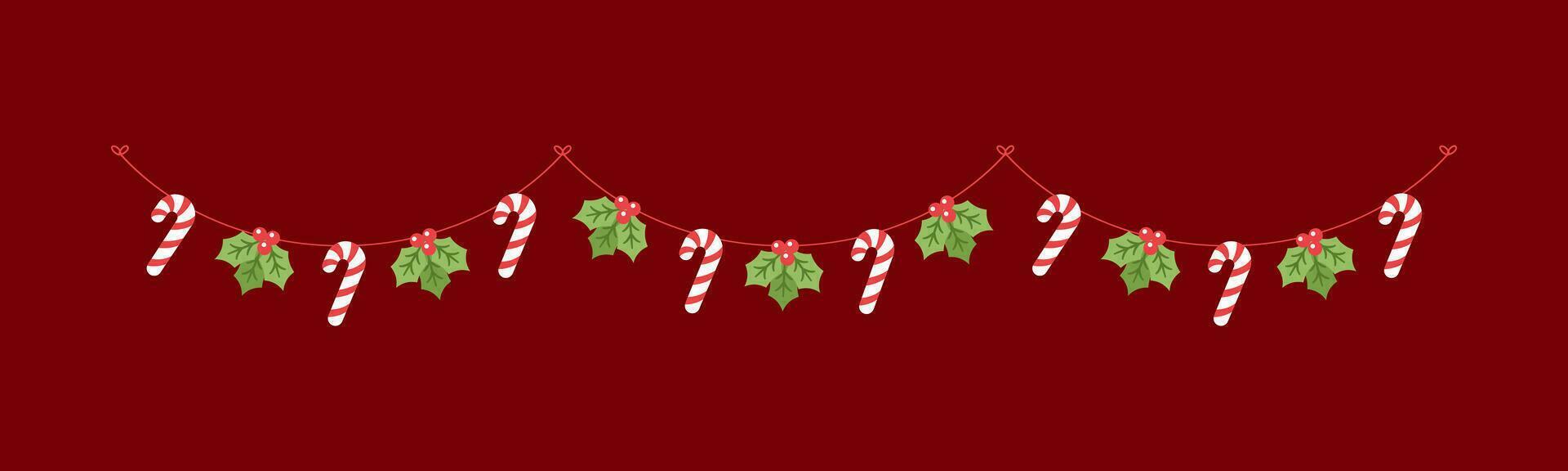 Mistletoe and Candy Cane Garland Vector Illustration, Christmas Graphics Festive Winter Holiday Season Bunting