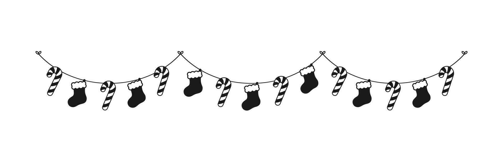 Christmas Stocking and Candy Cane Garland Silhouette Vector Illustration, Christmas Graphics Festive Winter Holiday Season Bunting