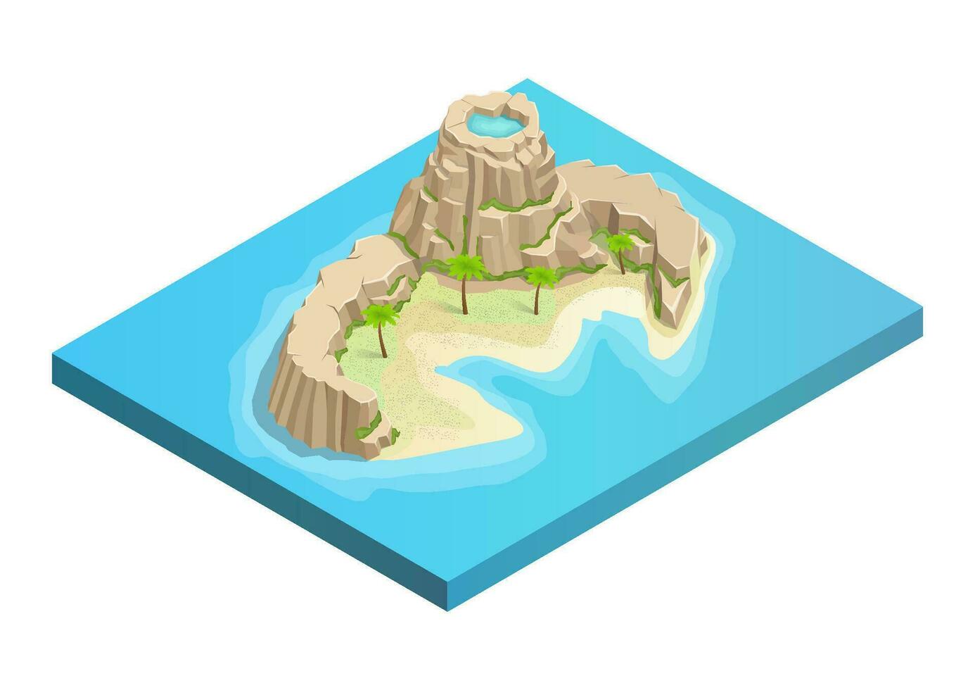 Isometric cute rocky mountain island with palm and coast vector